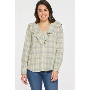 Tuckernuck Blue Plaid Ruffle V Neck Long Sleeve Button Up Shirt Womens Size L‎